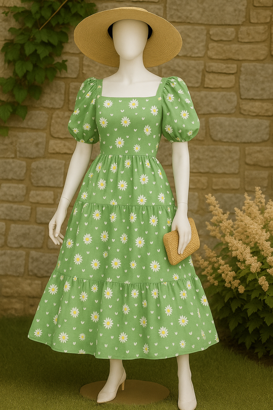 Daisy Bloom Midi Dress – Green