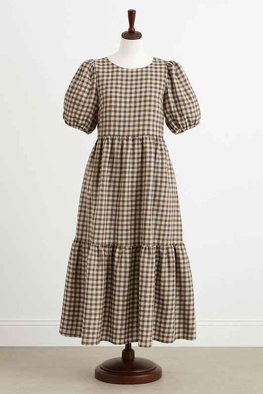 Brown Gingham Puff Sleeve Midi Dress