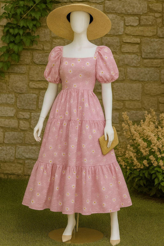Pink Jacquard Puff Sleeve Dress