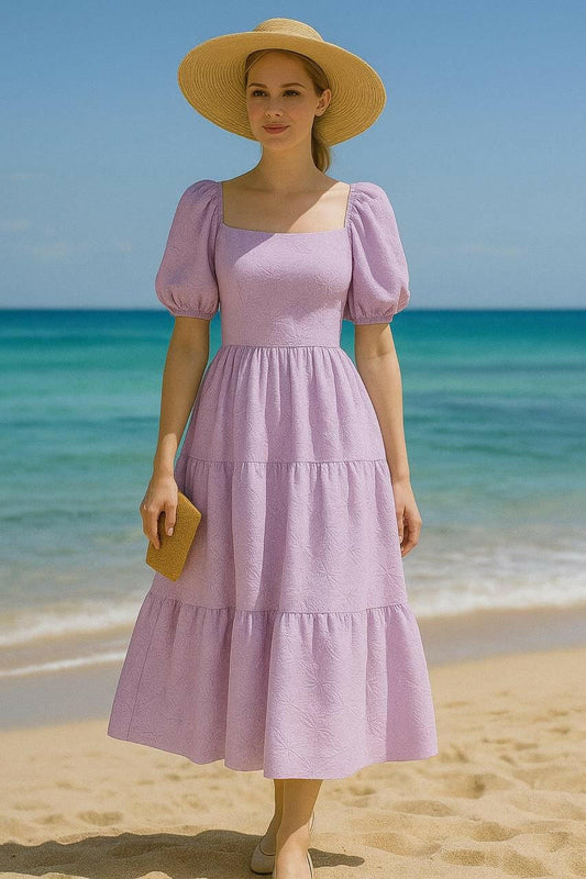 Lilac Textured Puff Sleeve Dress