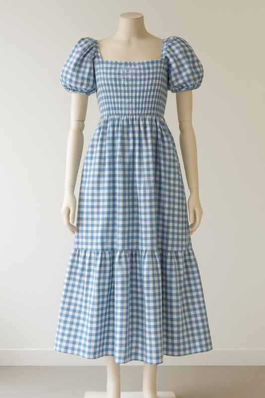 Blue Gingham Puff Sleeve Dress